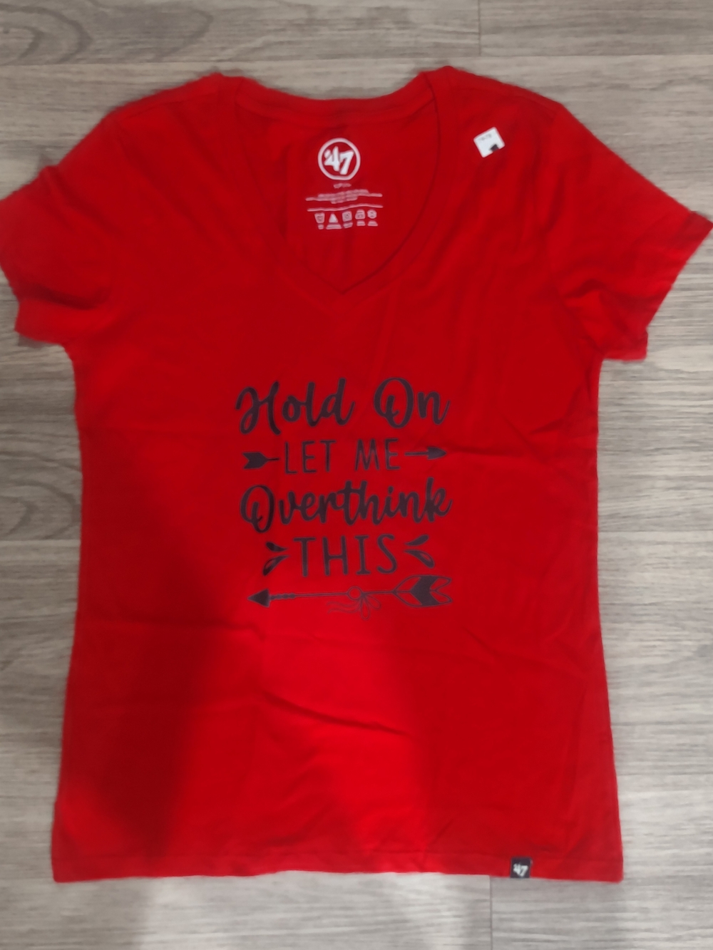 47 Women's Red V-Neck Tee with Black Script Graphic